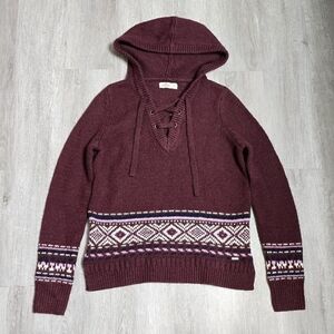 Hollister Fair Isle Hooded Sweater Red Maroon Tie Front Women's Y2K